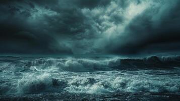A stormy ocean with large waves crashing against the shore photo