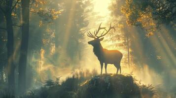 A deer is standing in a forest with trees in the background photo