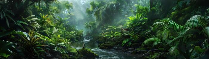 A lush jungle scene with a river running through it photo