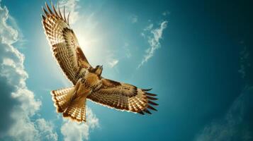 Hawk Soaring in Sunlit Sky with Clouds photo