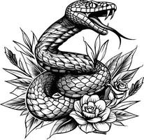 Snake on the background with roses. Design element for poster, t shirt, card, banner. vector