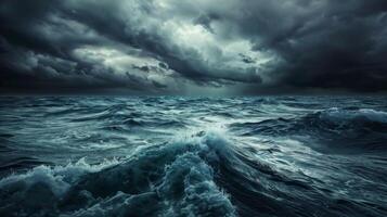 A stormy ocean with large waves crashing against the shore photo