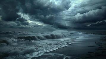 A stormy ocean with large waves crashing against the shore photo