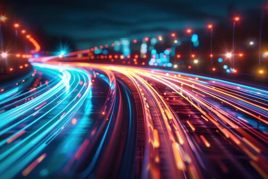 un largo, devanado la carretera con brillante luces y un ciudad horizonte en el antecedentes foto