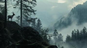 A deer is standing in the middle of a forest with a misty sky above photo