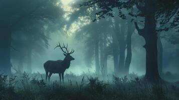 A deer is standing in a forest with trees in the background photo