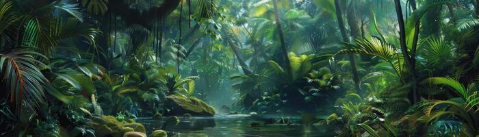 A lush jungle scene with a river running through it photo