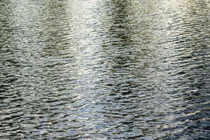 The texture of ripples on the water in a pond illuminated by the setting sun. Natural background. photo