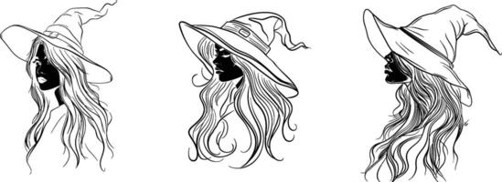 line art of a beautiful witch with long hair and a hat, simple design, white background vector