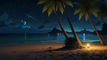 This serene night scene features a beach with a hut, palm trees, and reflections on the water under a starry sky. It evokes a sense of tranquility and tropical paradise. video