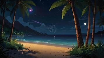 This serene night scene features a beach with a hut, palm trees, and reflections on the water under a starry sky. It evokes a sense of tranquility and tropical paradise. video