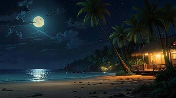 This serene night scene features a beach with a hut, palm trees, and reflections on the water under a starry sky. It evokes a sense of tranquility and tropical paradise. video