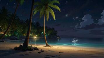 This serene night scene features a beach with a hut, palm trees, and reflections on the water under a starry sky. It evokes a sense of tranquility and tropical paradise. video