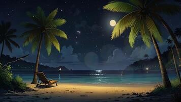 This serene night scene features a beach with a hut, palm trees, and reflections on the water under a starry sky. It evokes a sense of tranquility and tropical paradise. video