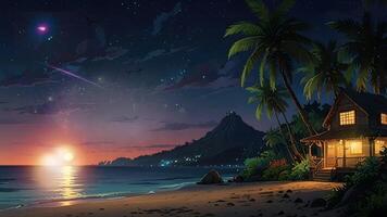 This serene night scene features a beach with a hut, palm trees, and reflections on the water under a starry sky. It evokes a sense of tranquility and tropical paradise. video
