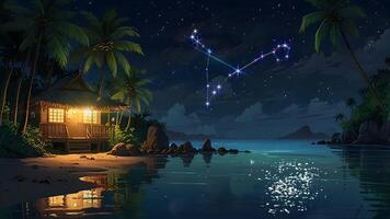 This serene night scene features a beach with a hut, palm trees, and reflections on the water under a starry sky. It evokes a sense of tranquility and tropical paradise. video