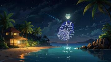 This serene night scene features a beach with a hut, palm trees, and reflections on the water under a starry sky. It evokes a sense of tranquility and tropical paradise. video