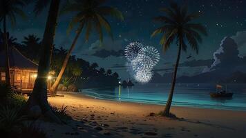 This serene night scene features a beach with a hut, palm trees, and reflections on the water under a starry sky. It evokes a sense of tranquility and tropical paradise. video