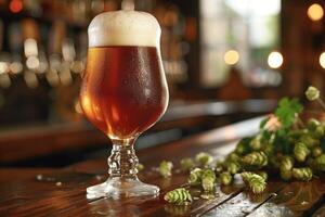 Craft beer glass close-up frosty hops bar beverage brew photo