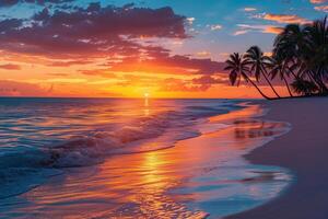 Tropical beach sunset palm trees ocean waves colorful sky photo