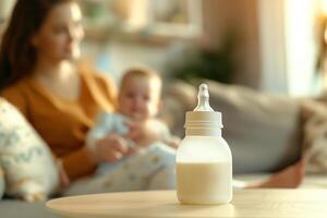 Baby feeding bottle with milk on a table in a bright room, in the background, out of focus, a mother holds a newborn in her arms while sitting on the sofa photo