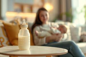 Baby feeding bottle with milk on a table in a bright room, in the background, out of focus, a mother holds a newborn in her arms while sitting on the sofa photo