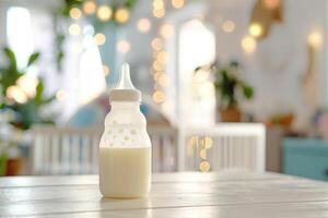 Baby transparent feeding bottle with milk on the table in a bright room, in the background there is an out of focus baby crib photo
