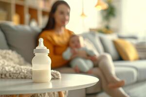 Baby feeding bottle with milk on a table in a bright room, in the background, out of focus, a mother holds a newborn in her arms while sitting on the sofa photo
