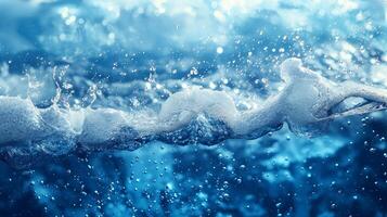 Transparent blue texture of clear water surface with splashes and waves, top view photo