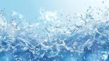 Transparent blue texture of clear water surface with splashes and waves, top view photo