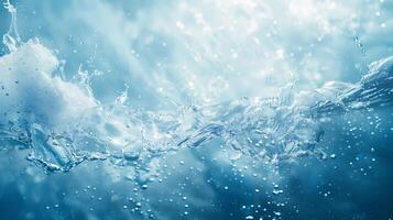 Transparent blue texture of clear water surface with splashes and waves, top view photo