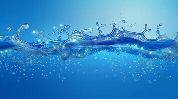 Transparent blue texture of clear water surface with splashes and waves, top view photo