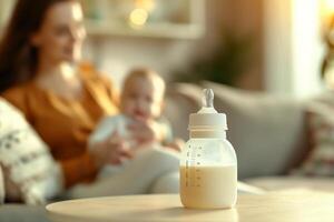 Baby feeding bottle with milk on a table in a bright room, in the background, out of focus, a mother holds a newborn in her arms while sitting on the sofa photo