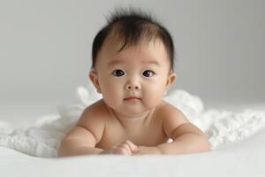 cute one year old Asian baby in a white diaper on a white background photo