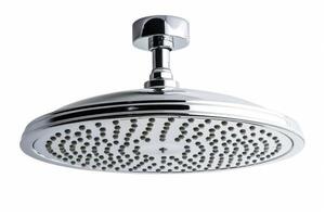 Modern chrome shower head with round design and multiple spray settings. photo