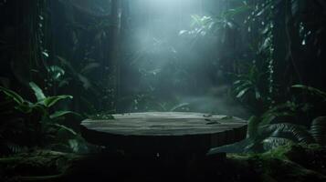 A wooden podium in a dense, foggy forest, with a mystical, ethereal atmosphere, Gothic, Dark and Mysterious photo