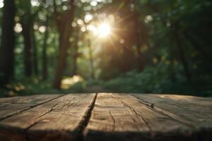 A weathered wooden podium in a forest with an ethereal glow, captured in soft focus, Dreamlike, Pastel Colors photo