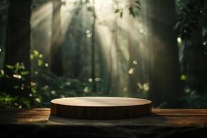 A vintage wooden podium in an oldgrowth forest with sunbeams filtering through the trees, Vintage, Warm Light photo