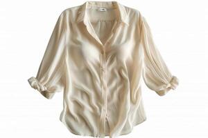 Cream colored button-down shirt with 34 sleeves. photo