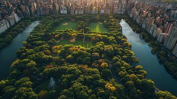 A cityscape showing the contrast between lush green parks and areas afflicted by extreme heat and drought, a visual commentary on the urban impact of global warming, Photography aerial photo