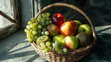 A basket filled with assorted sour fruits, including kiwis, green apples, and berries, set in a sunny outdoor setting, the play of light and shadows making the colors pop photo