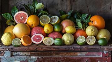 A vibrant display of citrus fruits on a wooden table, lemons, limes, and grapefruits artfully arranged, their vivid colors contrasting against the dark wood, highlighting the sour taste they're known photo