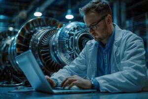 Engineer working on a laptop in front of a large industrial engine. photo