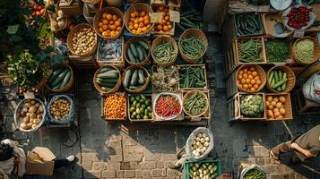 An aerial view of a farmer's market vegetable stall, neatly arranged baskets of vegetables creating a patchwork of hues, bustling with customers selecting produce, the essence of community and health photo
