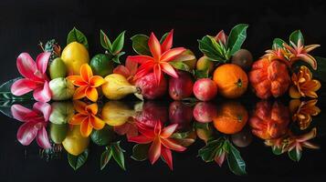 An experimental setup with fruits known for their sour taste, like tamarind and starfruit, arranged on a sleek, reflective surface, photo
