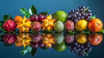 An experimental setup with fruits known for their sour taste, like tamarind and starfruit, arranged on a sleek, reflective surface, creating an artistic representation of taste sensation photo