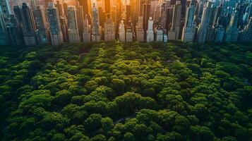 A cityscape showing the contrast between lush green parks and areas afflicted by extreme heat and drought, a visual commentary on the urban impact of global warming, Photography aerial photo