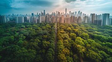 A cityscape showing the contrast between lush green parks and areas afflicted by extreme heat and drought, a visual commentary on the urban impact of global warming, Photography aerial photo