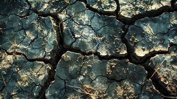 A stark image of a cracked earth landscape under a scorching sun, withered plants scattered around, a visual metaphor for the effects of global warming photo