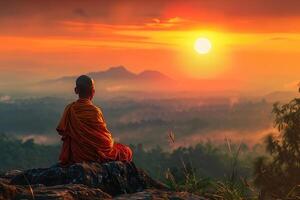A Thai Buddhist monk prays while sitting on a hill. Sunrise photo